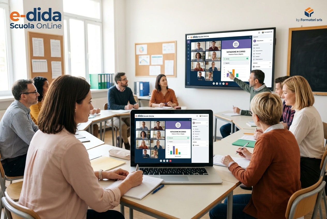 Riunione scolastica con docenti, notebook e schermo per votazioni online — immagine generata con AI